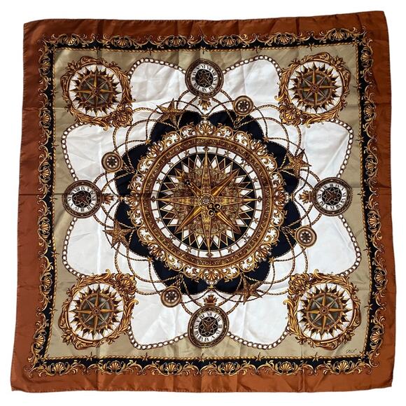 CASCA Silk Scarf Compass Design Hand Stitched Square Scarf Nautical Coastal 34” - Picture 1 of 6